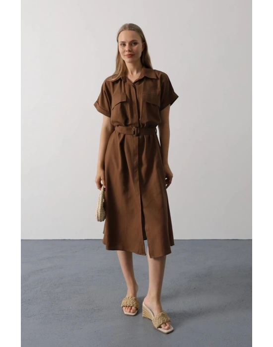 Kuşaklı Cep Detaylı Yarım Kol Elbise  Kahve