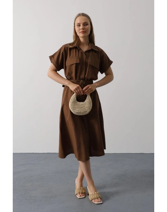 Kuşaklı Cep Detaylı Yarım Kol Elbise  Kahve