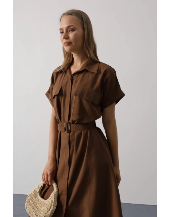 Kuşaklı Cep Detaylı Yarım Kol Elbise  Kahve