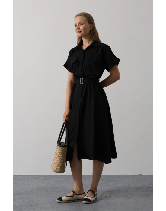 Kuşaklı Cep Detaylı Yarım Kol Elbise  Siyah