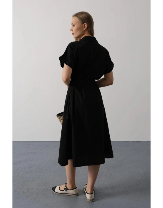 Kuşaklı Cep Detaylı Yarım Kol Elbise  Siyah