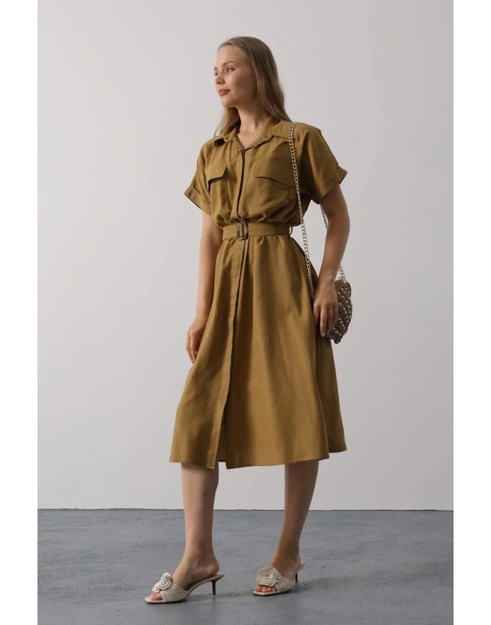 Kuşaklı Cep Detaylı Yarım Kol Elbise  Yağ Yeşili
