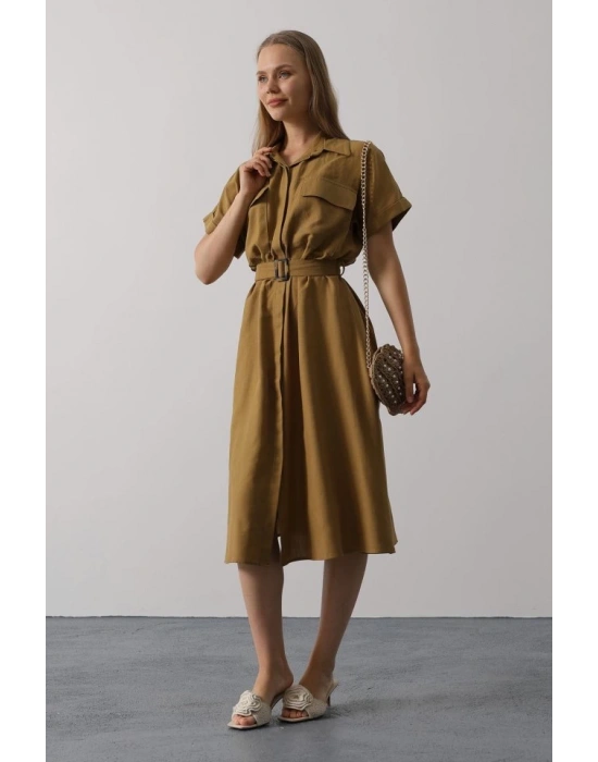 Kuşaklı Cep Detaylı Yarım Kol Elbise  Yağ Yeşili