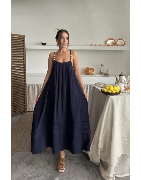 Lacivert Askılı üslin Elbise