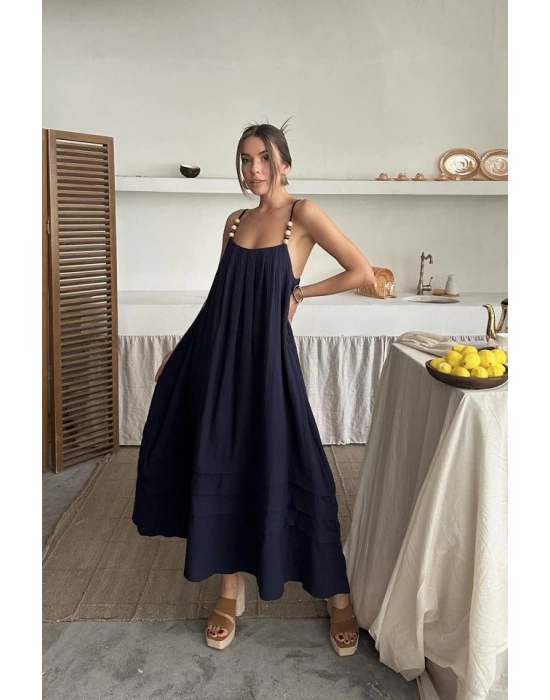 Lacivert Askılı üslin Elbise