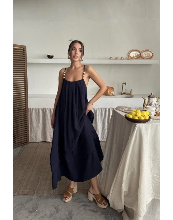 Lacivert Askılı üslin Elbise