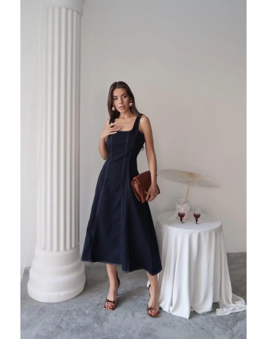 Lacivert Çift Dikişli Gabardin Elbise