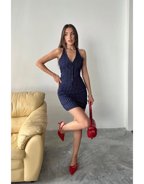 acivert Çizgili Yelek Ve Etek Takım