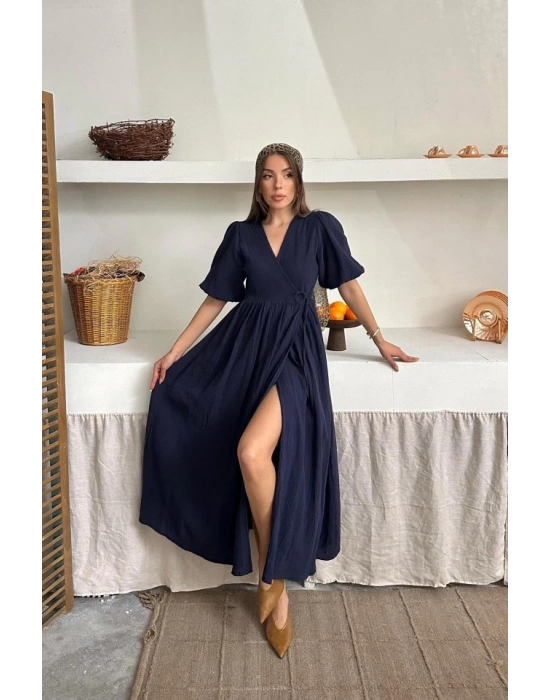 Lacivert Müslin Uzun Elbise