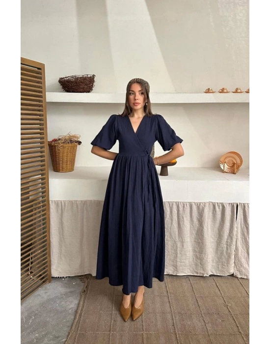 Lacivert Müslin Uzun Elbise