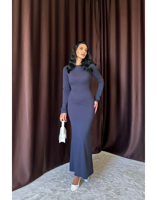 Lacivert Vücudu aran Uzun Elbise