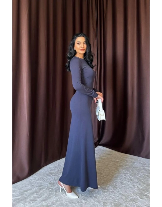 Lacivert Vücudu aran Uzun Elbise