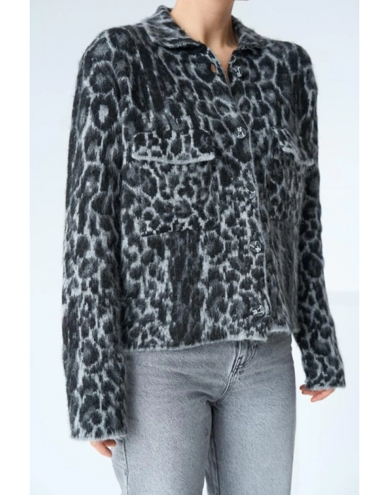 Leopar Desen Jakarlı Hırka  SiyahAçık Gri
