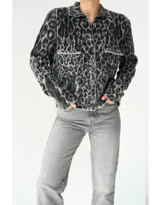 Leopar Desen Jakarlı Hırka  SiyahAçık Gri
