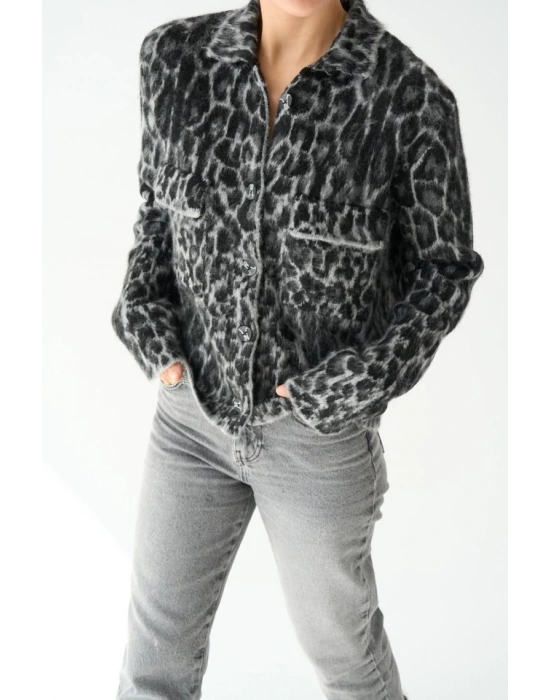 Leopar Desen Jakarlı Hırka  SiyahAçık Gri