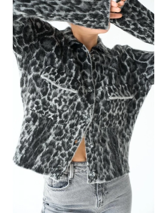 Leopar Desen Jakarlı Hırka  SiyahAçık Gri