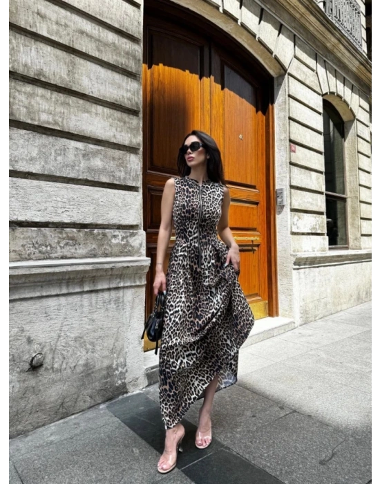 Leopar Desenli Fermuarlı Cepli Pileli idi Elbise Leopar