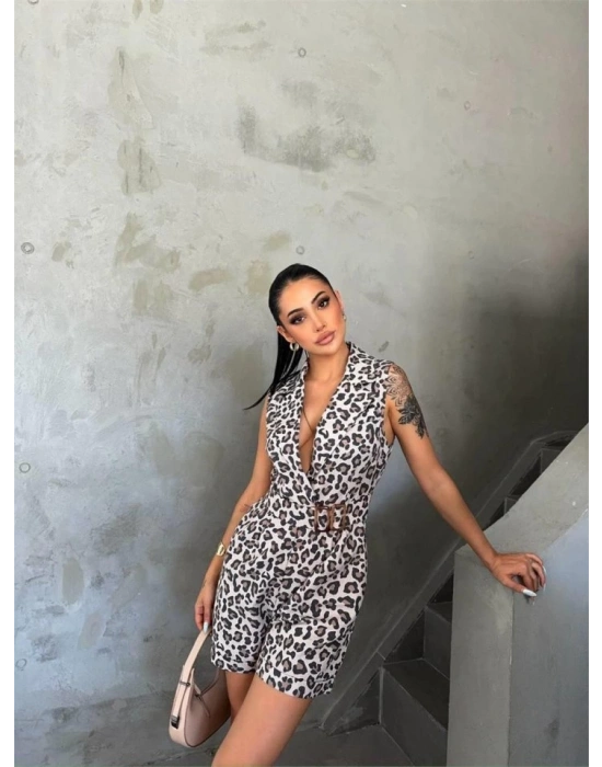 LEOPAR ŞORT TULU CEKET YAKA TOKA DETAYLI  Leopar