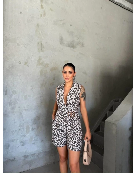 LEOPAR ŞORT TULU CEKET YAKA TOKA DETAYLI  Leopar