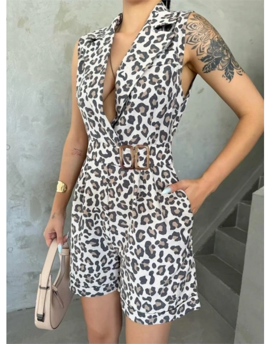 LEOPAR ŞORT TULU CEKET YAKA TOKA DETAYLI  Leopar