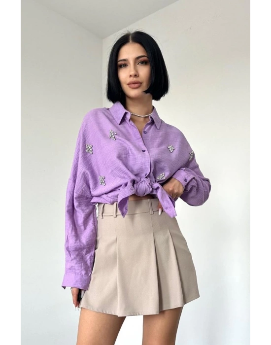 Lila Kristal Taşlı Gömlek