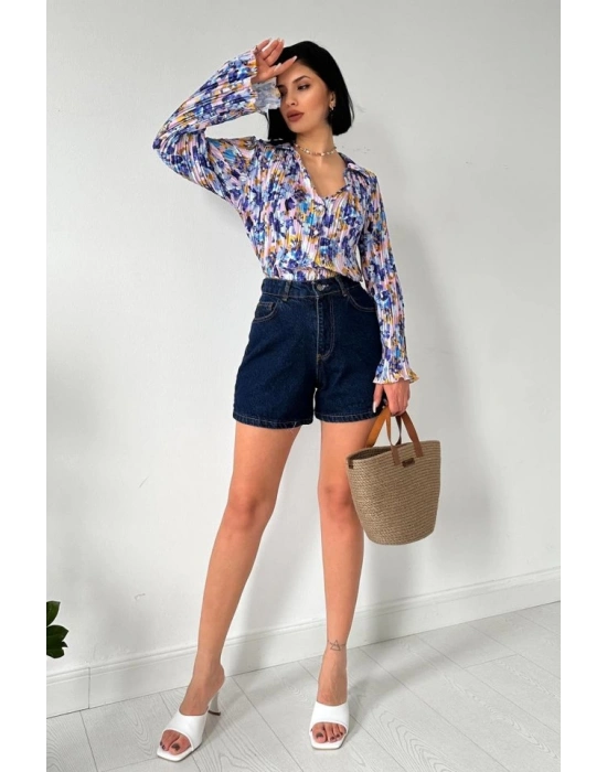 Lila Piliseli Çiçek Desen Gömlek