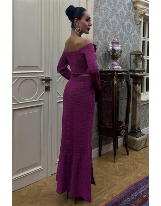 Madonna Yaka Derin Yırtmaç Etekli Şık Triko Takım 10099