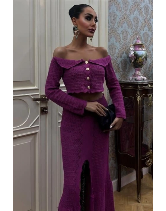 Madonna Yaka Derin Yırtmaç Etekli Şık Triko Takım 10099