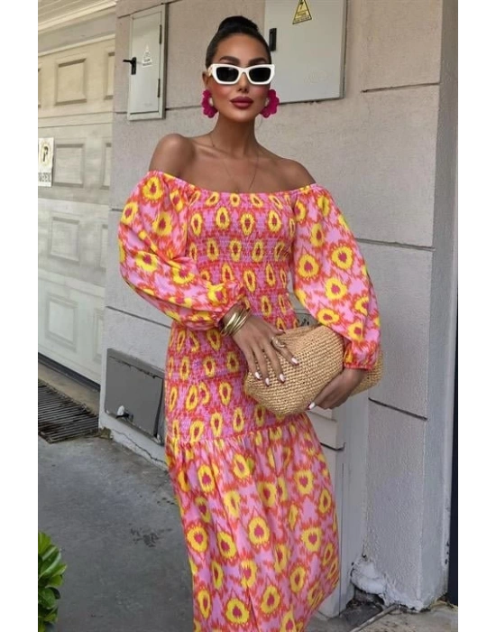 Madonna Yaka Gipe Detaylı Desenli Elbise 2746