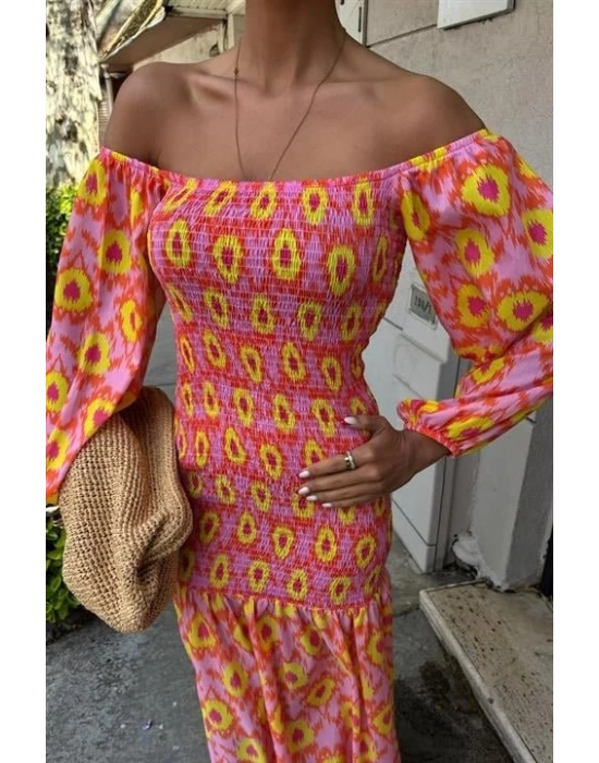 Madonna Yaka Gipe Detaylı Desenli Elbise 2746