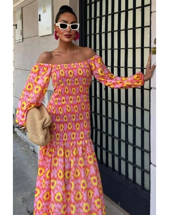 Madonna Yaka Gipe Detaylı Desenli Elbise 2746