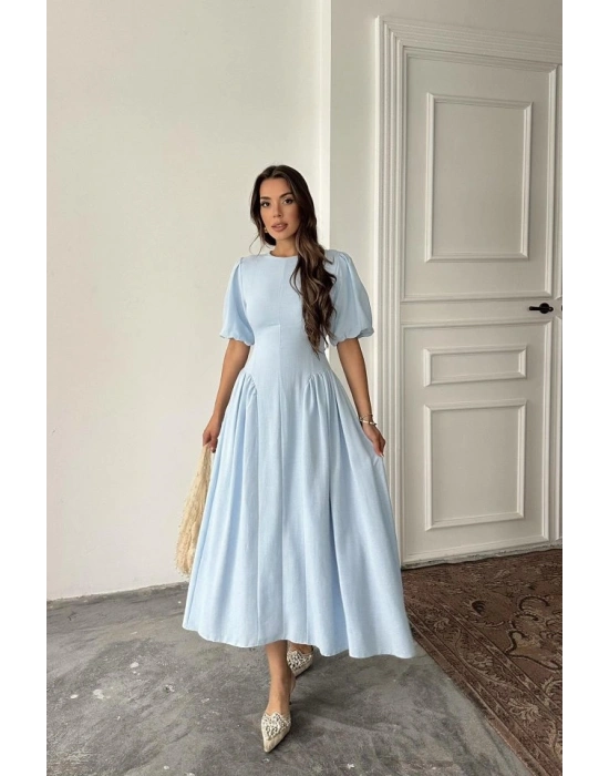 Mavi Arkadan Bağlamalı Büzgülü Keten Elbise