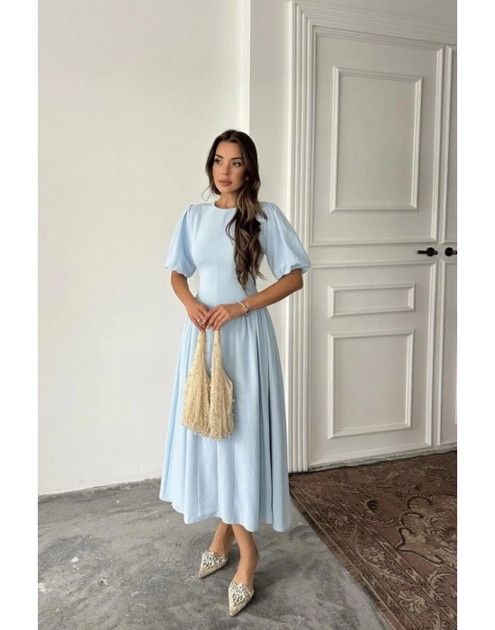 Mavi Arkadan Bağlamalı Büzgülü Keten Elbise