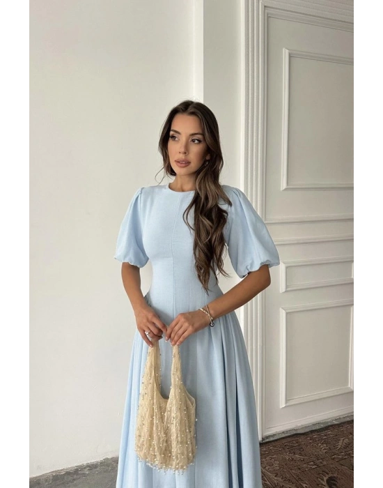 Mavi Arkadan Bağlamalı Büzgülü Keten Elbise