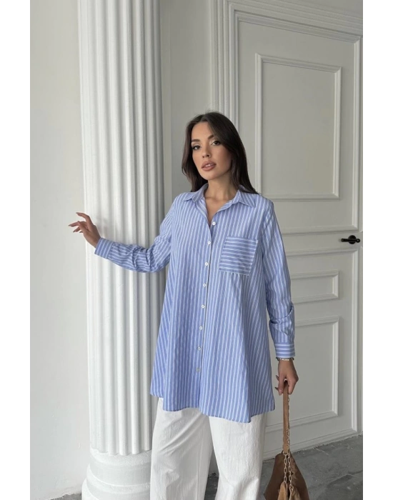 Mavi Çizgili Uzun Gömlek
