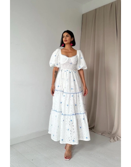 Mavi Dantel Detaylı Brode Elbise