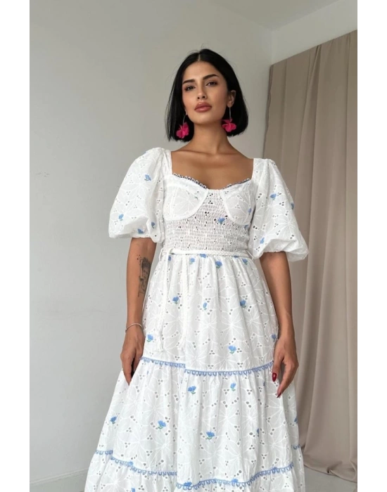 Mavi Dantel Detaylı Brode Elbise