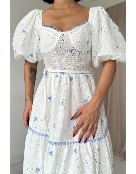 Mavi Dantel Detaylı Brode Elbise