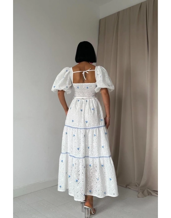 Mavi Dantel Detaylı Brode Elbise