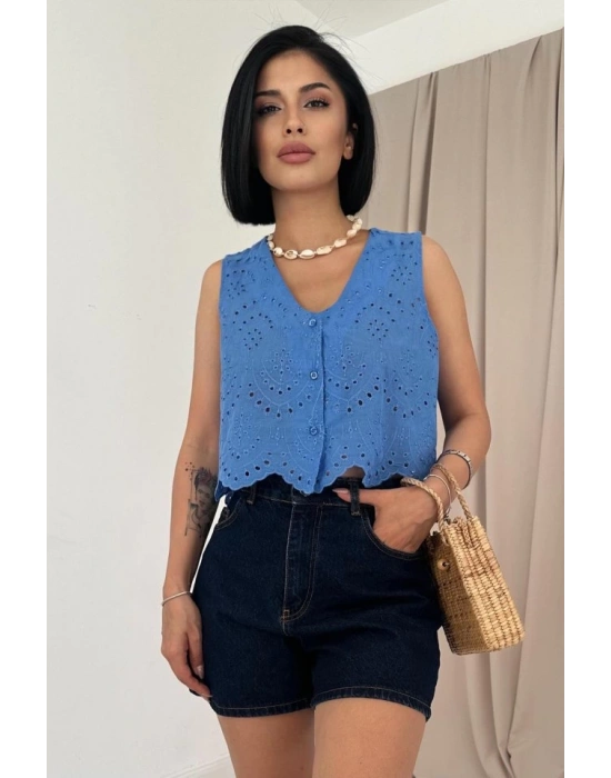 Mavi ıfır Kol Brode Bluz