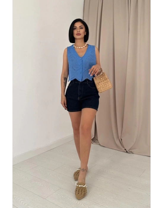 Mavi ıfır Kol Brode Bluz