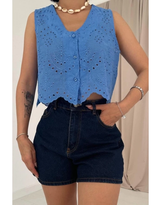 Mavi ıfır Kol Brode Bluz