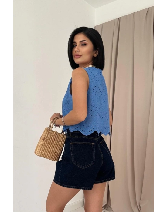 Mavi ıfır Kol Brode Bluz