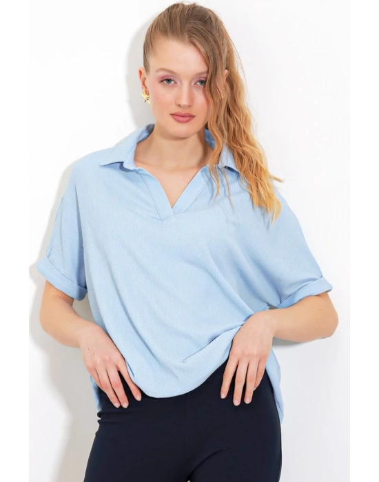 Mavi Oversize Polo Yaka Örme Bluz 0486