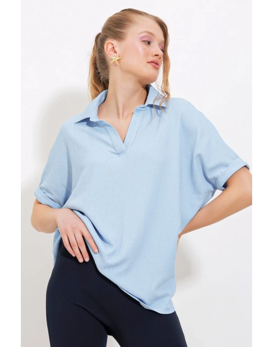 Mavi Oversize Polo Yaka Örme Bluz 0486