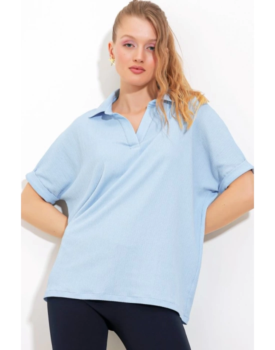 Mavi Oversize Polo Yaka Örme Bluz 0486