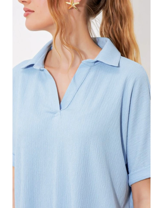 Mavi Oversize Polo Yaka Örme Bluz 0486