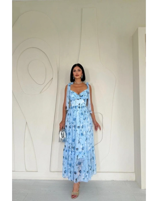 Mavi Şifon Drapeli Elbise