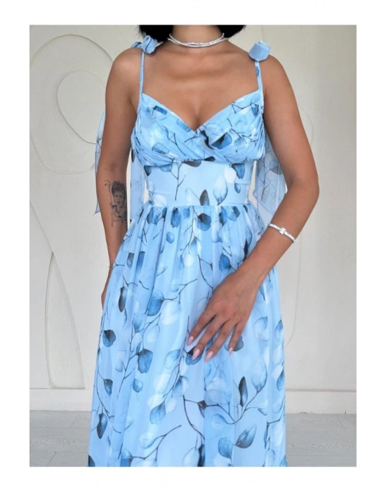 Mavi Şifon Drapeli Elbise