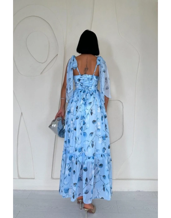 Mavi Şifon Drapeli Elbise